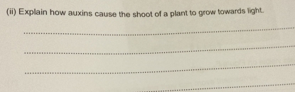 (ii) Explain how auxins cause the shoot of a plant to grow towards light. 
_ 
_ 
_ 
_