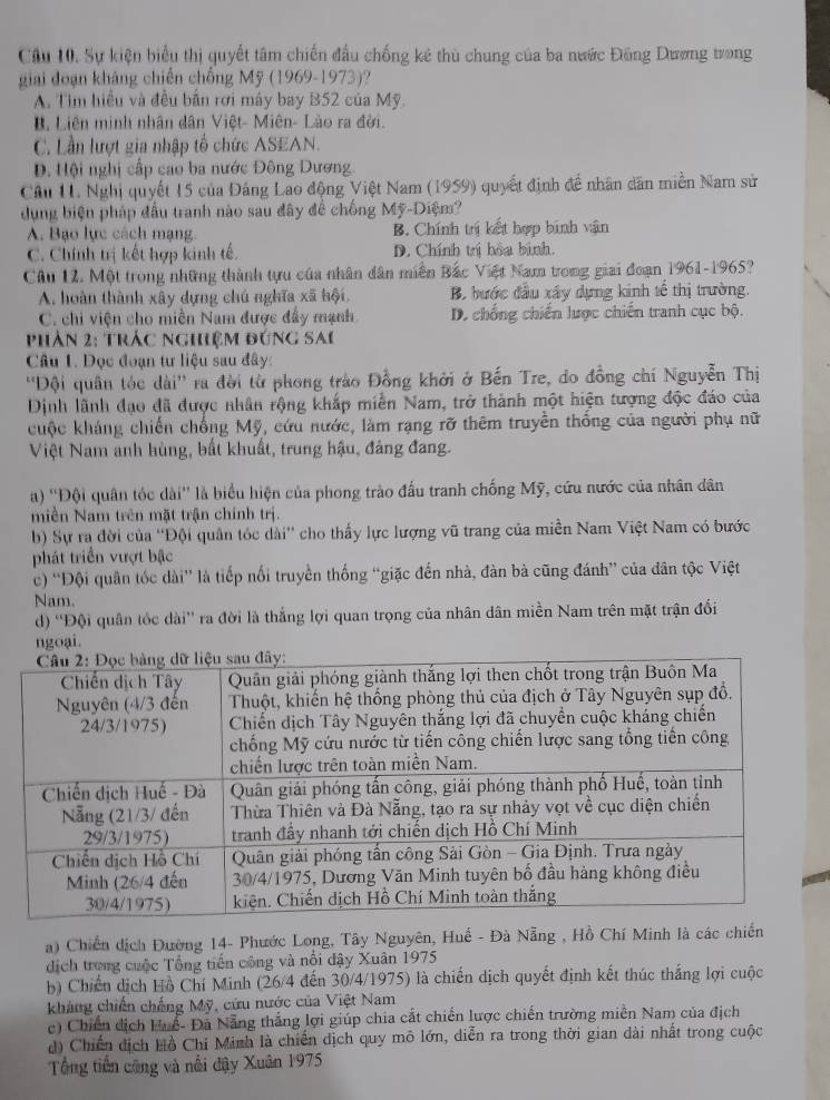 Sự kiện biểu thị quyết tâm chiến đầu chống kê thù chung của ba nước Đông Dương trong
giải đoạn kháng chiến chống Mỹ (1969-1973)?
A. Tìm hiều và đều bắn rơi máy bay B52 của Mỹ.
B. Liên minh nhân dân Việt- Miên- Lào ra đời.
C. Lần lượt gia nhập tổ chức ASEAN.
Đ. Hội nghị cấp cao ba nước Đông Dương.
Câu 11. Nghị quyết 15 của Đảng Lao động Việt Nam (1959) quyết định để nhân dân miền Nam sử
dụng biện pháp đầu tranh nào sau đây để chống Mỹ-Diệm?
A. Bạo lực cách mạng. B. Chính trị kết hợp binh vận
C. Chính trị kết hợp kinh tế. D. Chính trị hòa bình.
Câu 12. Một trong những thành tựu của nhân dân miền Bắc Việt Nam trong giai đoạn 1961-1965?
A. hoàn thành xây dựng chú nghĩa xã hội, B. bước đầu xây dựng kinh tế thị trường.
C. chi viện cho miền Nam được đẩy mạnh D. chống chiến lược chiến tranh cục bộ.
phản 2: trác nghiệm đứng sai
Câu 1. Đọc đoạn tư liệu sau đây:
''Đội quân tóc dài'' ra đời từ phong trào Đồng khởi ở Bến Tre, do đồng chí Nguyễn Thị
Dịnh lãnh đạo đã được nhân rộng khắp miễn Nam, trở thành một hiện tượng độc đáo của
cuộc kháng chiến chống Mỹ, cứu nước, làm rạng rỡ thêm truyền thống của người phụ nữ
Việt Nam anh hùng, bất khuất, trung hậu, đảng đang.
a) ''Đội quân tóc dài'' là biểu hiện của phong trào đấu tranh chống Mỹ, cứu nước của nhân dân
miền Nam trên mặt trận chính trị.
b) Sự ra đời của ''Đội quân tóc dài'' cho thấy lực lượng vũ trang của miền Nam Việt Nam có bước
phát triển vượt bậc
c) ''Đội quân tốc dài'' là tiếp nổi truyền thống “giặc đến nhà, đàn bà cũng đánh” của dân tộc Việt
Nam.
d) ''Đội quân tốc dài'' ra đời là thắng lợi quan trọng của nhân dân miền Nam trên mặt trận đối
ngoại.
a) Chiến dịch Đường 14- Phước Long, Tây Nguyên, Huế - Đà Nẵng , Hồ Chí Minh là các chiến
dịch trong cuộc Tổng tiến công và nổi đậy Xuân 1975
b) Chiến dịch Hồ Chí Minh (26/4 đến 30/4/1975) là chiến dịch quyết định kết thúc thắng lợi cuộc
kháng chiến chống Mỹ, cứu nước của Việt Nam
c) Chiến dịch Huể- Đã Nẵng thắng lợi giúp chia cắt chiến lược chiến trường miền Nam của địch
d) Chiến dịch Hồ Chí Minh là chiến dịch quy mô lớn, diễn ra trong thời gian dài nhất trong cuộc
Tổng tiền công và nổi đậy Xuân 1975