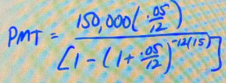 PMT=frac 150,000( (.05)/12 )[1-(1+ (.05)/12 )^-4(12)]