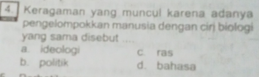 Keragaman yang muncul karena adanya
pengelompokkan manusia dengan cir biologi
yang sama disebut ....
a. ideologi c. ras
b. politik d. bahasa