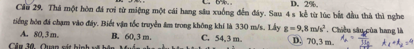 6%.. D. 2%.
Câu 29. Thả một hòn đá rơi từ miệng một cái hang sâu xuống đến đáy. Sau 4 s kể từ lúc bắt đầu thả thì nghe
tiếng hòn đá chạm vào đáy. Biết vận tốc truyền âm trong không khí là 330 m/s. Lấy g=9,8m/s^2. Chiều sâu của hang là
A. 80, 3m. B. 60,3 m. C. 54,3 m. D. 70,3 m.
Câu 30. Quan sát hình vẽ bộ