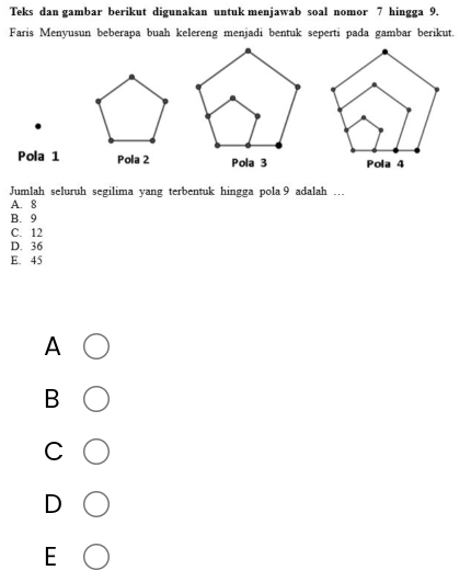 Teks dan gambar berikut digunakan untuk menjawab soal nomor 7 hingga 9.
Faris Menyusun beberapa buah kelereng menjadi bentuk seperti pada gambar berikut.
Pola 1 Pola 2 Pola 3
Jumlah seluruh segilima yang terbentuk hingga pola 9 adalah …
A. 8
B. 9
C. 12
D. 36
E. 45
A
B
C
D
E