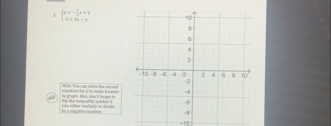 beginarrayl y>- 1/3 x+2 3<4x-yendarray.
Hint: You can solve the second 
equation for y to make it easier 
to graph. Also, don't forget to 
flip the inequality symbol if 
you either multiply or divide 
by a negative number.
-10