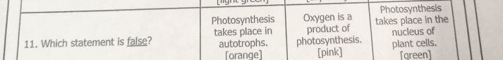 mght 
Photosynthesis Oxygen is a Photosynthesis 
11. Which statement is false? takes place in product of takes place in the 
autotrophs. photosynthesis. plant cells. nucleus of 
[orange] [pink] [qreen]