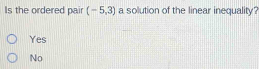 Is the ordered pair (-5,3) a solution of the linear inequality?
Yes
No