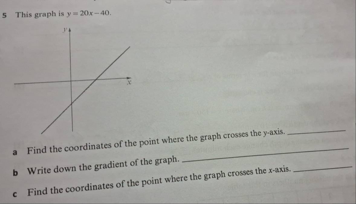 This graph is y=20x-40. 
a Find the coordinates of the point where the graph crosses the y-axis. 
_ 
b Write down the gradient of the graph. 
c Find the coordinates of the point where the graph crosses the x-axis. 
_