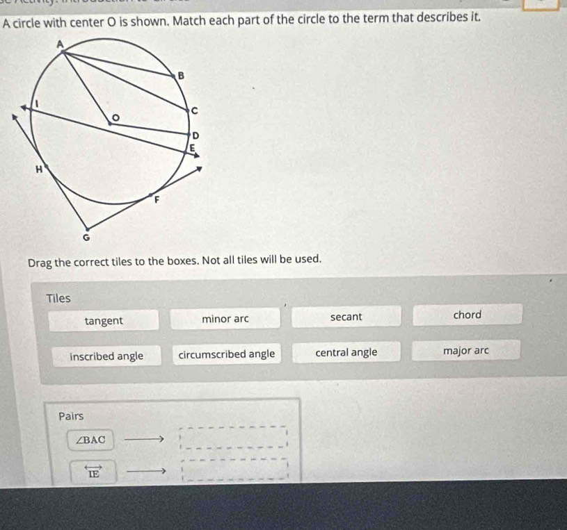 A circle with center O is shown. Match each part of the circle to the term that describes it.
Drag the correct tiles to the boxes. Not all tiles will be used.
Tiles
tangent minor arc secant chord
inscribed angle circumscribed angle central angle major arc
Pairs
∠ BAC
overleftrightarrow IE