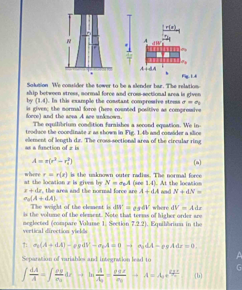 r(x)
H
A
dW
r
a
sigma _0
A+dA
b 
Fig.1.4 
Solution We consider the tower to be a slender bar. The relation- 
ship between stress, normal force and cross-sectional area is given 
by (1.4). In this example the constant compressive stress sigma =sigma _0
is given; the normal force (here counted positive as compressive 
force) and the area A are unknown. 
The equilibrium condition furnishes a second equation. We in- 
troduce the coordinate x as shown in Fig. 1.4b and consider a slice 
element of length dz. The cross-sectional area of the circular ring 
as a function of r is
A=π (r^2-r_i^(2) (a) 
where r=r(x) is the unknown outer radius. The normal force 
at the location x is given by N=sigma _0)A (see 1.4). At the location
x+dx , the area and the normal force are A+dA and N+dN=
sigma _0(A+dA). 
The weight of the element is dW=rho gdV where dV=Adx
is the volume of the element. Note that terms of higher order are 
neglected (compare Volume 1, Section 7.2.2). Equilibrium in the 
vertical direction yields 
↑: sigma _0(A+dA)-rho gdV-sigma _0A=0to sigma _0dA-rho gAdx=0. 
Separation of variables and integration lead to
∈t  dA/A =∈t frac rho gsigma _0dxto ln frac AA_0=frac rho gxsigma _0to A=A_0e^(frac rho gx)sigma _0. (b)