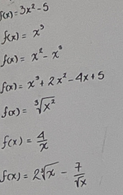 f(x)=3x^2-5
f(x)=x^3
f(x)=x^2-x^3
f(x)=x^3+2x^2-4x+5
f(x)=sqrt[3](x^2)
f(x)= 4/x 
f(x)=2sqrt[3](x)- 7/sqrt(x) 