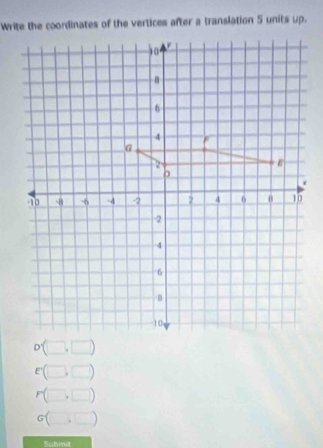 Write the coordinates of the vertices after a translation 5 units up.
10
6
4
2
10 -8 -6 -4 -2 2 4 6 B 10
-2
-4
6
10
D

Submit