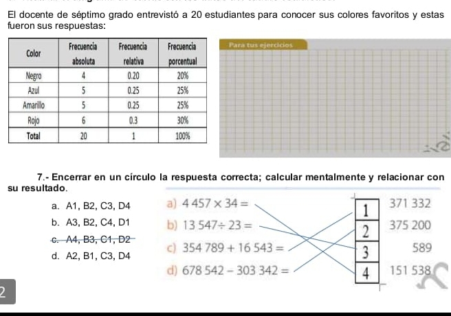 El docente de séptimo grado entrevistó a 20 estudiantes para conocer sus colores favoritos y estas
fueron sus respuestas:
ara tus ejercicios
7.- Encerrar en un círculo la respuesta correcta; calcular mentalmente y relacionar con
su resultado.
a. A1, B2, C3, D4 a) 4457* 34= 371 332
1
b. A3, B2, C4, D1 b) 13547/ 23= 375 200
c. A4, B3, C1, D2
2
d. A2, B1, C3, D4 c) 354789+16543=
3 589
d) 678542-303342= 151 538
4
2