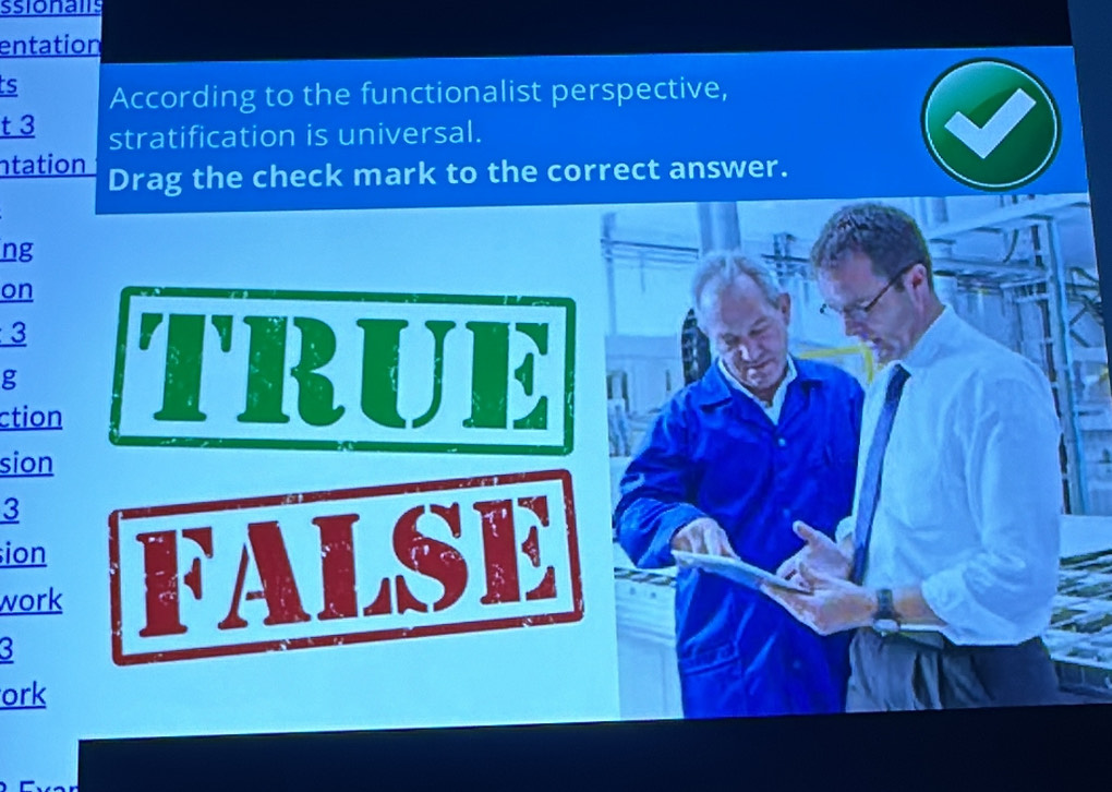 ssionalls 
entation 
ts According to the functionalist perspective, 
t 3 stratification is universal. 
ntation Drag the check mark to the correct answer. 
ng 
on
3
g 
ction 
sion
3
sion 
work
3
ork