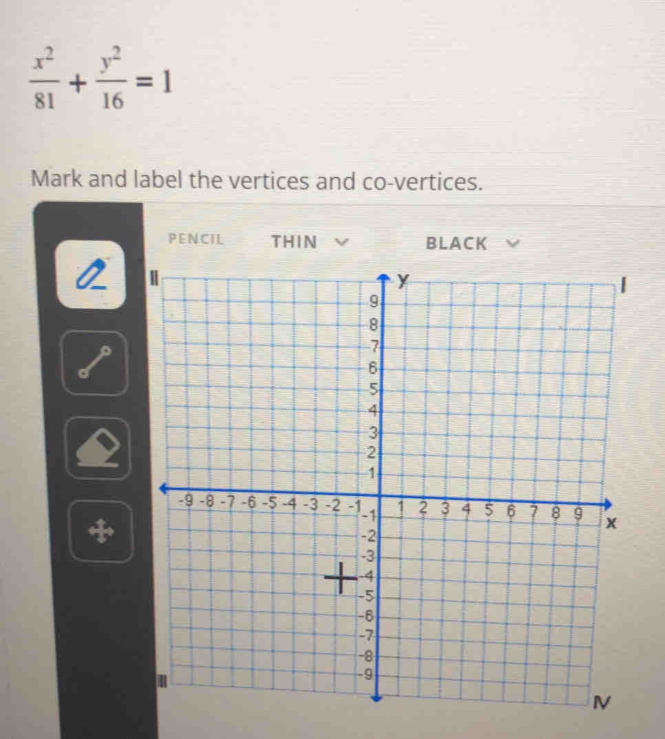  x^2/81 + y^2/16 =1
Mark and label the vertices and co-vertices. 
PENCIL THIN BLACK