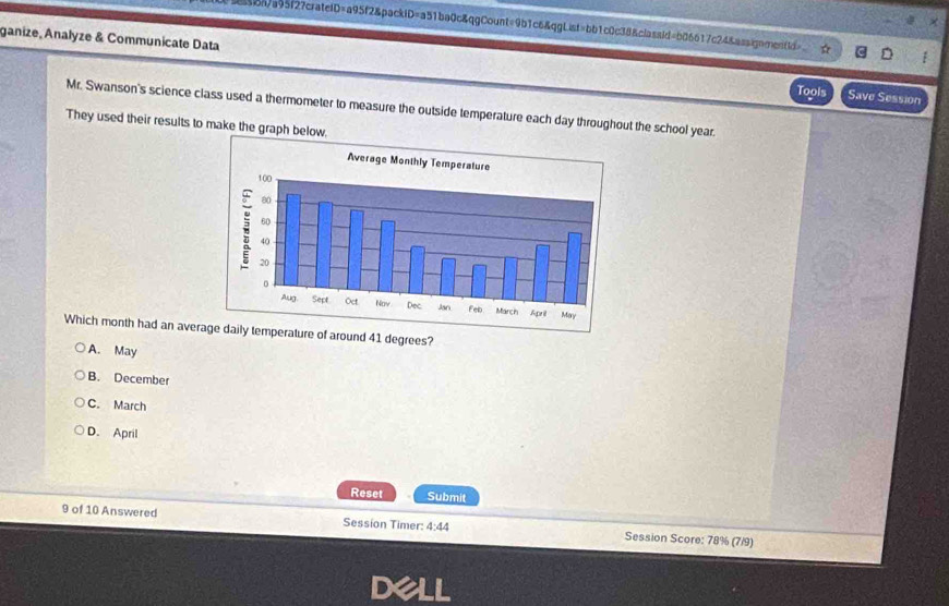 ×
ssion/a95f27crateiD=a95f2&packiD=a51ba0c&qgCount=9b1c6&qgList=bb1c0c38&classid=b06617c24&assignmentid>.
ganize, Analyze & Communicate Data Tools
Save Session
Mr. Swanson's science class used a thermometer to measure the outside temperature each day throughout the school year.
They used their results to make the graph b
Which month had an averure of around 41 degrees?
A. May
B. December
C. March
D. April
Reset Submit
9 of 10 Answered Session Timer: 4:44 Session Score: 78% (7/9)
Dell