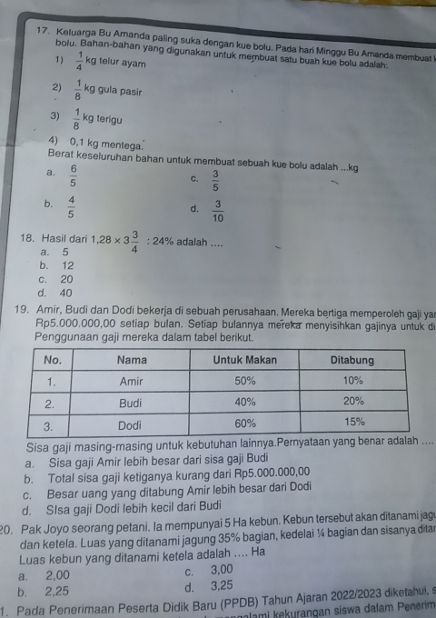 Keluarga Bu Amanda paling suka dengan kue bolu. Pada hari Minggu Bu Amanda membuat
bolu. Bahan-bahan yang digunakan untuk membuat satu buah kue bolu adalah:
1)  1/4 kg telur ayam
2)  1/8 kg gula pasir
3)  1/8 kg terigu
4) 0,1 kg mentega.
Berat keseluruhan bahan untuk membuat sebuah kue bolu adalah ...kg
a.  6/5 
C.  3/5 
b.  4/5 
d.  3/10 
18. Hasil dari 1,28* 3 3/4 :24% adalah ....
a. 5
b. 12
c. 20
d. 40
19. Amir, Budi dan Dodi bekerja di sebuah perusahaan. Mereka bertiga memperoleh gaji ya
Rp5.000.000,00 setiap bulan. Setiap bulannya mereka menyisihkan gajinya untuk d
Penggunaan gaji mereka dalam tabel berikut.
Sisa gaji masing-masing untuk kebutuhan lainnya.Pernyataan yang benar adalah ....
a. Sisa gaji Amir lebih besar dari sisa gaji Budi
b. Total sisa gaji ketiganya kurang dari Rp5.000.000,00
c. Besar uang yang ditabung Amir lebih besar dari Dodi
d. SIsa gaji Dodi lebih kecil dari Budi
20. Pak Joyo seorang petani. la mempunyai 5 Ha kebun. Kebun tersebut akan ditanami jage
dan ketela. Luas yang ditanami jagung 35% bagian, kedelai ¼ bagian dan sisanya ditar
Luas kebun yang ditanami ketela adalah .... Ha
a. 2,00 c. 3,00
b. 2,25 d. 3,25
1. Pada Penerimaan Peserta Didik Baru (PPDB) Tahun Ajaran 2022/2023 diketahui, s
ami kekurangan siswa dalam Penerim