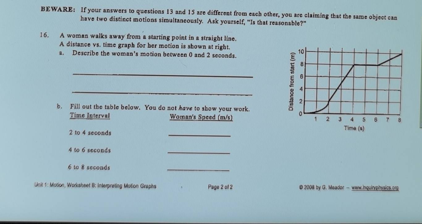 BEWARE: If your answers to questions 13 and 15 are different from each other, you are claiming that the same object can 
have two distinct motions simultaneously. Ask yourself, “Is that reasonable?” 
16. A woman walks away from a starting point in a straight line. 
A distance vs. time graph for her motion is shown at right. 
a. Describe the woman’s motion between 0 and 2 seconds. 
_ 
_ 
b. Fill out the table below. You do not have to show your work. 
Time Interval Woman's Speed (m/s)
2 to 4 seconds
_ 
Time (s)
4 to 6 seconds
_
6 to 8 seconds
_ 
Unit 1: Motion, Worksheet B: Interpreting Motion Graphs Page 2 of 2 © 2008 by G. Meador — www.inquiryphysics.org