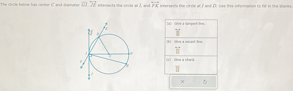 The circle below has center C and diameter vector GI.overleftrightarrow JE intersects the circle at I, and overleftrightarrow FK intersects the circle at I and D. Use this information to fill in the blanks. 
(a) Give a tangent line. 
(b) Give a secant line. 
(c) Give a chord.
overline □ 
× 5