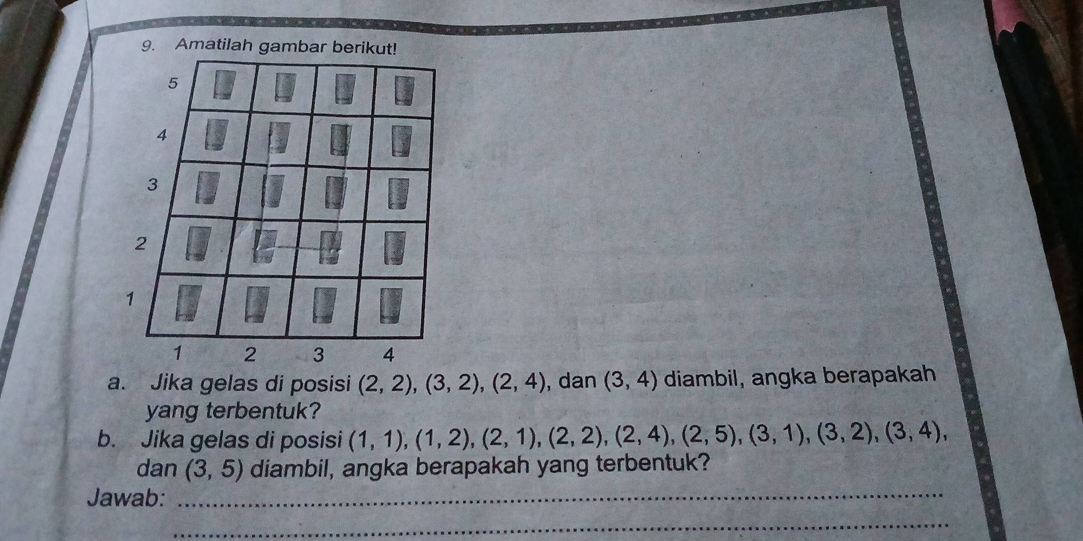 Amatilah gambar berikut! 
a. Jika gelas di posisi (2,2), (3,2), (2,4) , dan (3,4) diambil, angka berapakah 
yang terbentuk? 
b. Jika gelas di posisi (1,1), (1,2), (2,1), (2,2), (2,4), (2,5), (3,1), (3,2), (3,4), 
dan (3,5) diambil, angka berapakah yang terbentuk? 
Jawab:_ 
_