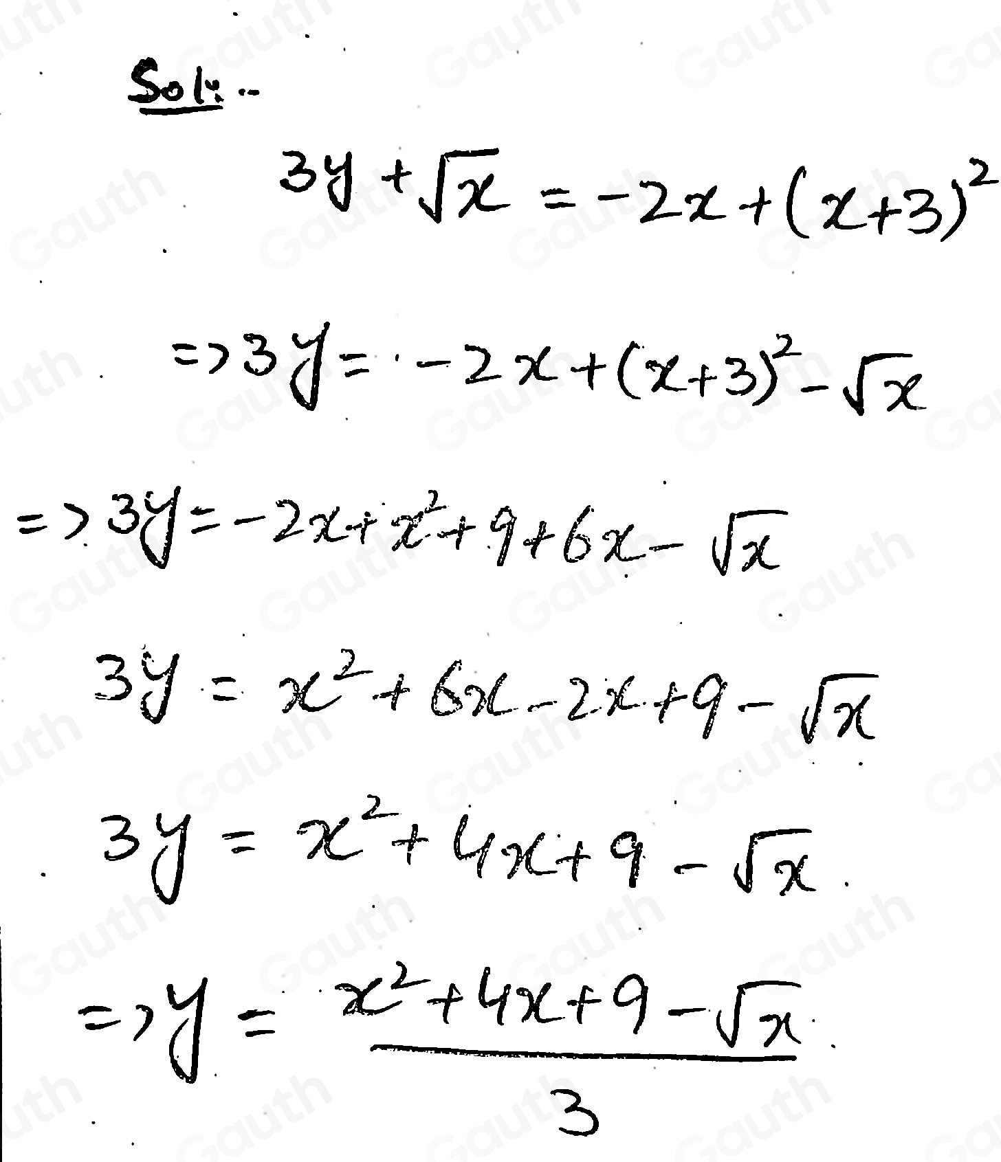 Solved: Consider the following relation. y+sqrt(x)=-2x+(x+3)^2 Step 1 ...