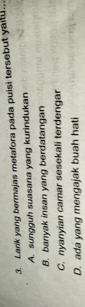Larik yang bermajas metafora pada puisi tersebut yaitu_
A. sungguh suasana yang kurindukan
B. banyak insan yang berdatangan
C. nyanyian camar sesekali terdengar
D. ada yang mengajak buah hati