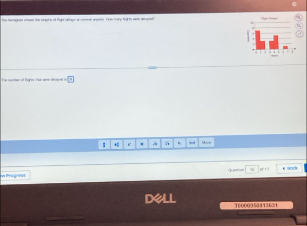 The hestogram shows the liengths of flight delays at several airports. How many flights were delayled 
The number of flights that were delayed is. 
: *: n' . sqrt(8) I, (8,8) Mare 
w Progress Question 16 of 17 Back 
D al 
T0000050013631