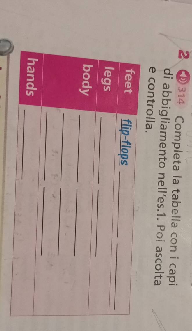 2 314 Completa la tabella con i capi 
di abbigliamento nell’es.1. Poi ascolta 
e controlla.