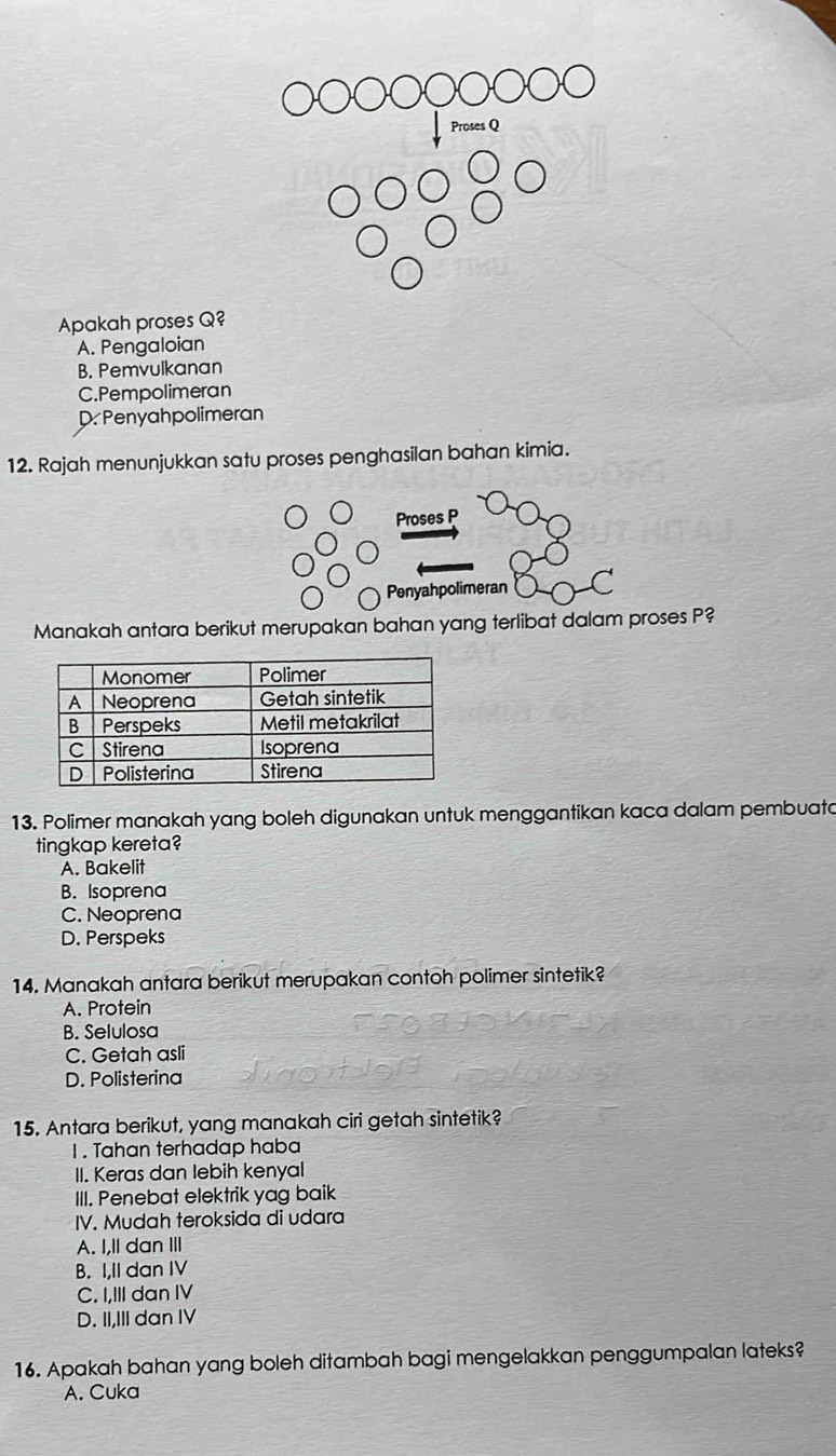 Apakah proses Q?
A. Pengaloian
B. Pemvulkanan
C.Pempolimeran
D. Penyahpolimeran
12. Rajah menunjukkan satu proses penghasilan bahan kimia.
Proses P
Penyahpolimeran
Manakah antara berikut merupakan bahan yang terlibat dalam proses P?
13. Polimer manakah yang boleh digunakan untuk menggantikan kaca dalam pembuata
tingkap kereta?
A. Bakelit
B. Isoprena
C. Neoprena
D. Perspeks
14. Manakah antara berikut merupakan contoh polimer sintetik?
A. Protein
B. Selulosa
C. Getah asli
D. Polisterina
15. Antara berikut, yang manakah ciri getah sintetik?
1 . Tahan terhadap haba
II. Keras dan lebih kenyal
III. Penebat elektrik yag baik
IV. Mudah teroksida di udara
A. I,ll dan III
B. I,II dan IV
C. I,III dan IV
D. II,III dan IV
16. Apakah bahan yang boleh ditambah bagi mengelakkan penggumpalan lateks?
A. Cuka