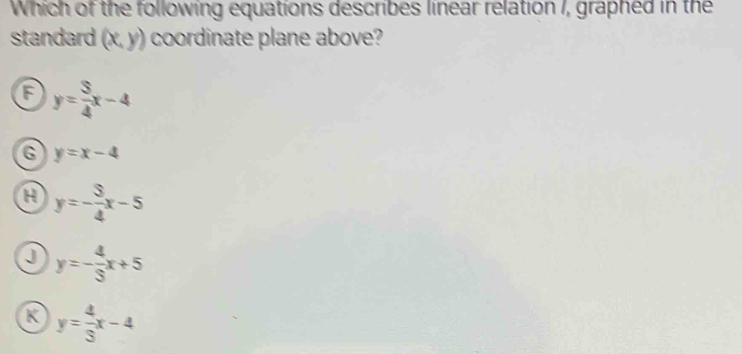 Which of the following equations describes linear relation I, graphed in the
standard (x,y) coordinate plane above?
F y= 3/4 x-4
G y=x-4
a y=- 3/4 x-5
0 y=- 4/5 x+5
R y= 4/3 x-4