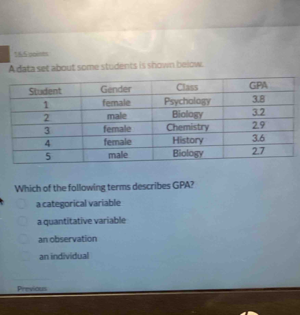 16.5 poines
A data set about some students is shown below.
Which of the following terms describes GPA?
a categorical variable
a quantitative variable
an observation
an individual
Previous