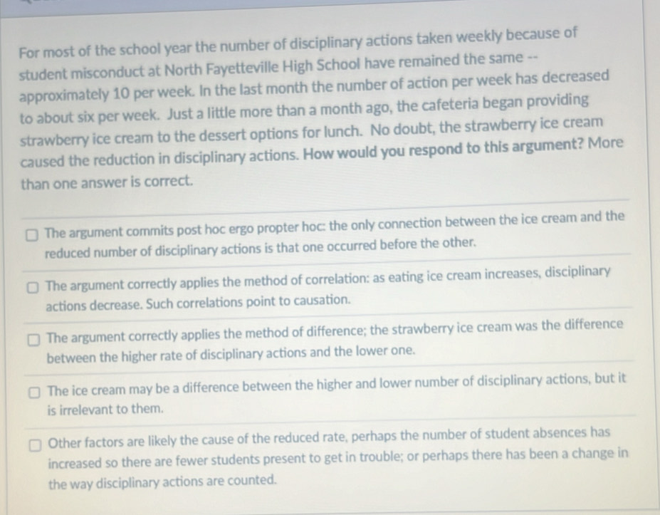 For most of the school year the number of disciplinary actions taken weekly because of
student misconduct at North Fayetteville High School have remained the same --
approximately 10 per week. In the last month the number of action per week has decreased
to about six per week. Just a little more than a month ago, the cafeteria began providing
strawberry ice cream to the dessert options for lunch. No doubt, the strawberry ice cream
caused the reduction in disciplinary actions. How would you respond to this argument? More
than one answer is correct.
The argument commits post hoc ergo propter hoc: the only connection between the ice cream and the
reduced number of disciplinary actions is that one occurred before the other.
The argument correctly applies the method of correlation: as eating ice cream increases, disciplinary
actions decrease. Such correlations point to causation.
The argument correctly applies the method of difference; the strawberry ice cream was the difference
between the higher rate of disciplinary actions and the lower one.
The ice cream may be a difference between the higher and lower number of disciplinary actions, but it
is irrelevant to them.
Other factors are likely the cause of the reduced rate, perhaps the number of student absences has
increased so there are fewer students present to get in trouble; or perhaps there has been a change in
the way disciplinary actions are counted.
