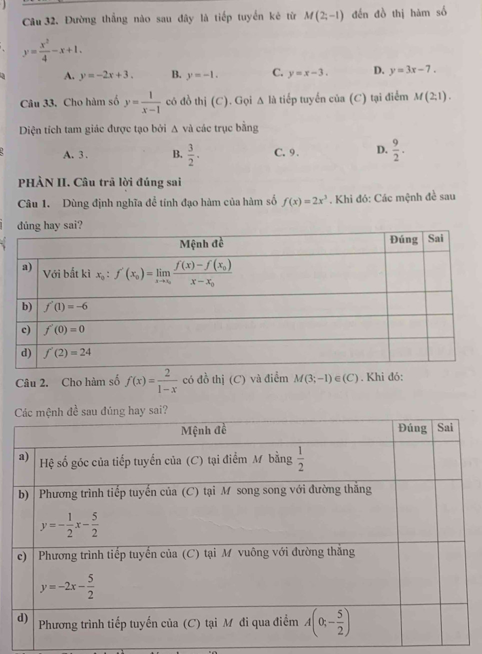 Đường thẳng nào sau đây là tiếp tuyển kê từ M(2;-1) đến đồ thị hàm số
y= x^2/4 -x+1.
C.
A. y=-2x+3. B. y=-1. y=x-3. D. y=3x-7.
Câu 33. Cho hàm số y= 1/x-1  có đồ thị (C). Gọi △ li tiếp tuyển của (C) tại điểm M(2;1).
Diện tích tam giác được tạo bởi △ vd các trục bằng
D.
A.3 . B.  3/2 . C.9 .  9/2 .
PHÀN II. Câu trã lời đúng sai
Câu 1. Dùng định nghĩa để tính đạo hàm của hàm số f(x)=2x^3. Khi đó: Các mệnh đề sau
Câu 2. Cho hàm số f(x)= 2/1-x  có đồ thị (C) và điểm M(3;-1)∈ (C). Khi đó: