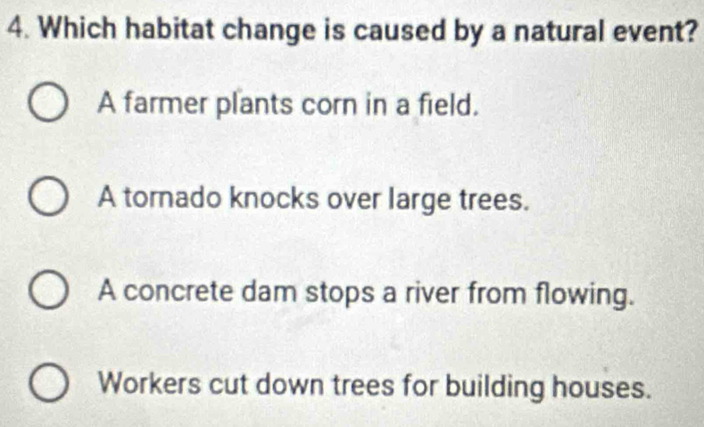 Which habitat change is caused by a natural event?
A farmer plants corn in a field.
A tornado knocks over large trees.
A concrete dam stops a river from flowing.
Workers cut down trees for building houses.