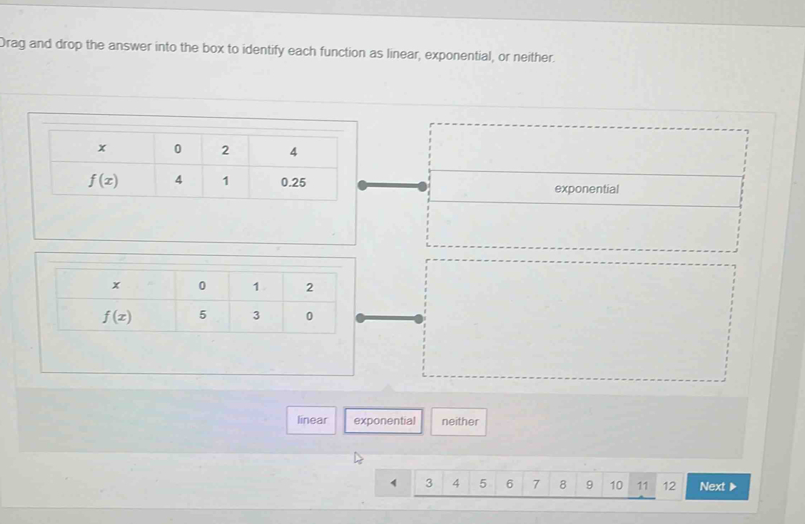 Drag and drop the answer into the box to identify each function as linear, exponential, or neither.
exponential
linear exponential neither
4 3 4 5 6 7 8 9 10 11 12 Next ▶