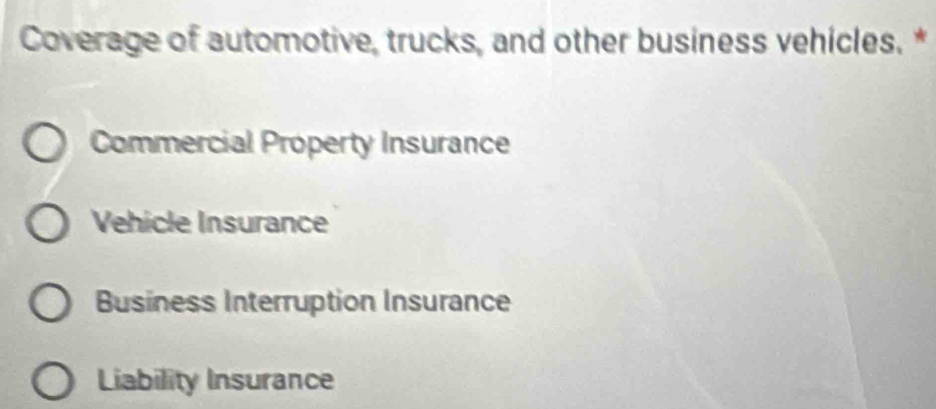 Coverage of automotive, trucks, and other business vehicles. *
Commercial Property Insurance
Vehicle Insurance
Business Interruption Insurance
Liability Insurance