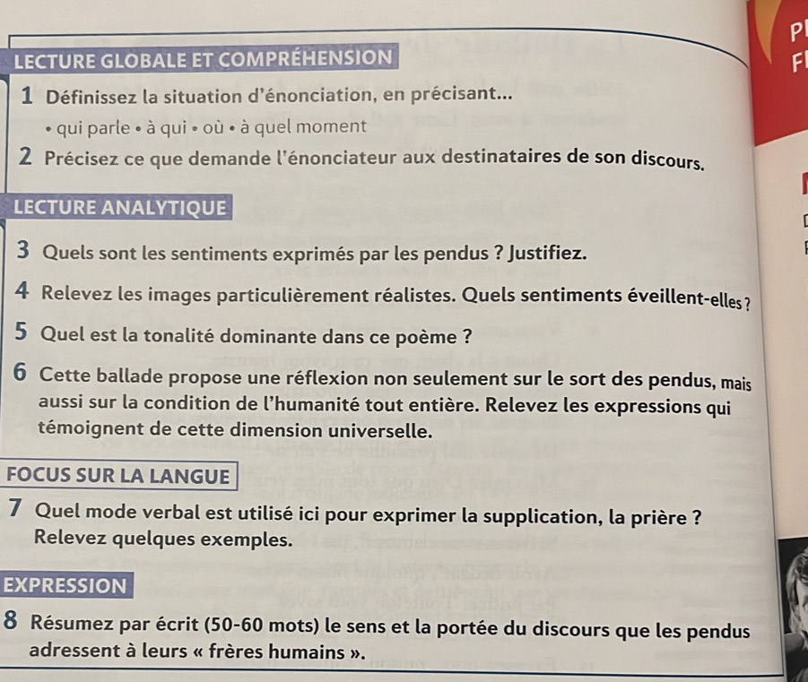 LECTURE GLOBALE ET COMPRÉHENSION F 
1 Définissez la situation d’énonciation, en précisant... 
qui parle • à qui • où • à quel moment 
2 Précisez ce que demande l'énonciateur aux destinataires de son discours. 
LECTURE ANALYTIQUE 
3 Quels sont les sentiments exprimés par les pendus ? Justifiez. 
4 Relevez les images particulièrement réalistes. Quels sentiments éveillent-elles? 
5 Quel est la tonalité dominante dans ce poème ? 
6 Cette ballade propose une réflexion non seulement sur le sort des pendus, mais 
aussi sur la condition de l’humanité tout entière. Relevez les expressions qui 
témoignent de cette dimension universelle. 
FOCUS SUR LA LANGUE 
7 Quel mode verbal est utilisé ici pour exprimer la supplication, la prière ? 
Relevez quelques exemples. 
EXPRESSION 
8 Résumez par écrit (50-60 mots) le sens et la portée du discours que les pendus 
adressent à leurs « frères humains ».