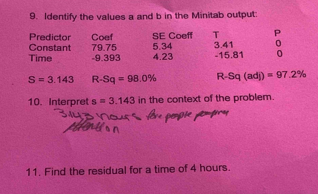 Identify the values a and b in the Minitab output: 
Predictor Coef SE Coeff T 
P 
Constant 79.75 5.34 3.41 0
Time -9.393 4.23 -15.81 0
S=3.143 R-Sq=98.0%
R-Sq(adj)=97.2%
10. Interpret s=3.143 in the context of the problem. 
11. Find the residual for a time of 4 hours.