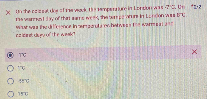 On the coldest day of the week, the temperature in London was -7°C. On *0/2
the warmest day of that same week, the temperature in London was 8°C. 
What was the difference in temperatures between the warmest and
coldest days of the week?
-1°C
1°C
-56°C
15°C