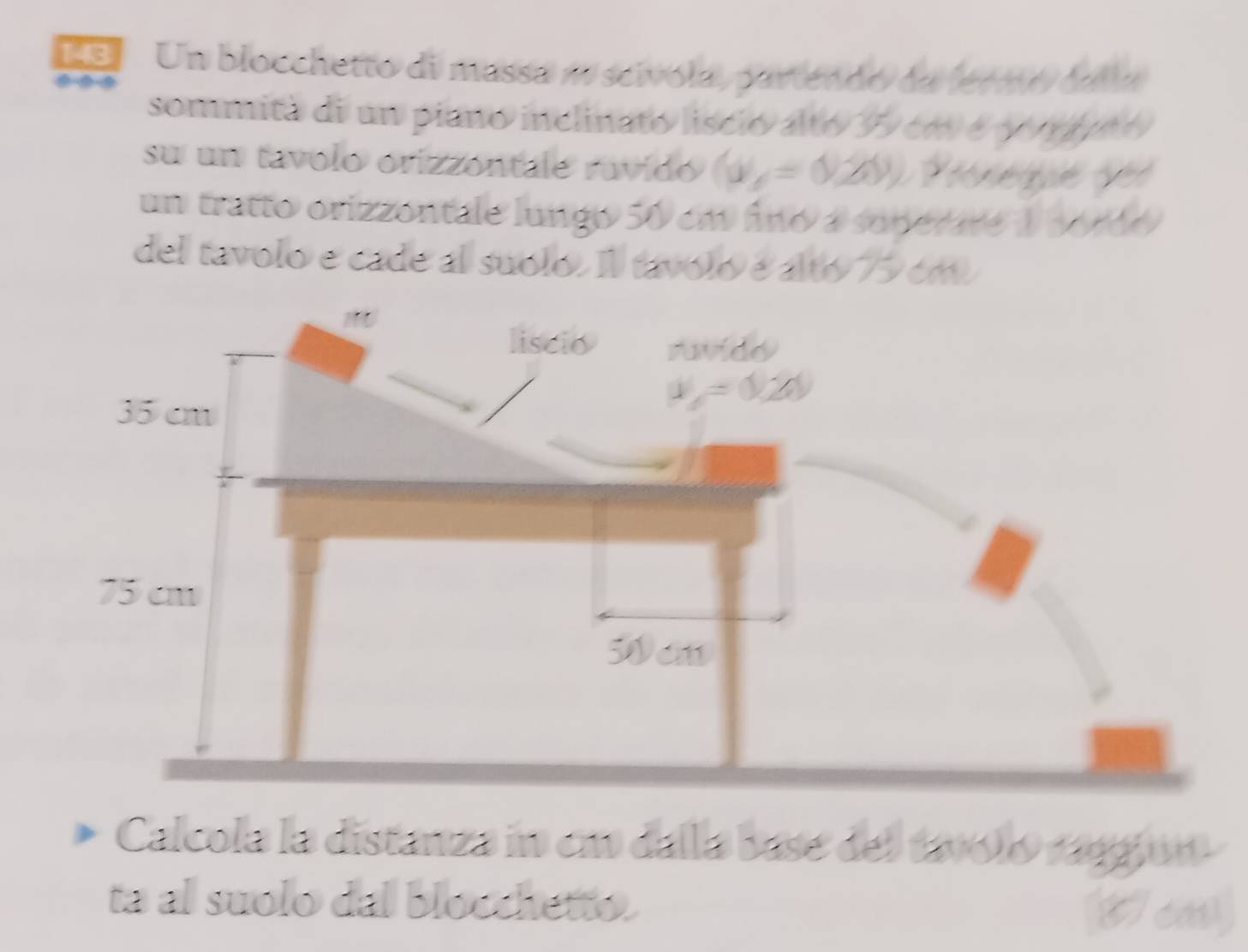 1a Un blocchetto di massa a scivola, partendo de fermódu a
sommita di un piano inclinato lisció alto 35 cm  é yer os 
su un tavolo orizzontale ravido (y=0.)
un tratto orizzontale lungo 50 em fno a sonerare a cordo
del távolo e cade al suolo. Il távolo é alto 75 cm
Calcola la distanza in em dalla base del távoló raegjon-
ta al suolo dal bloochetto. C ca