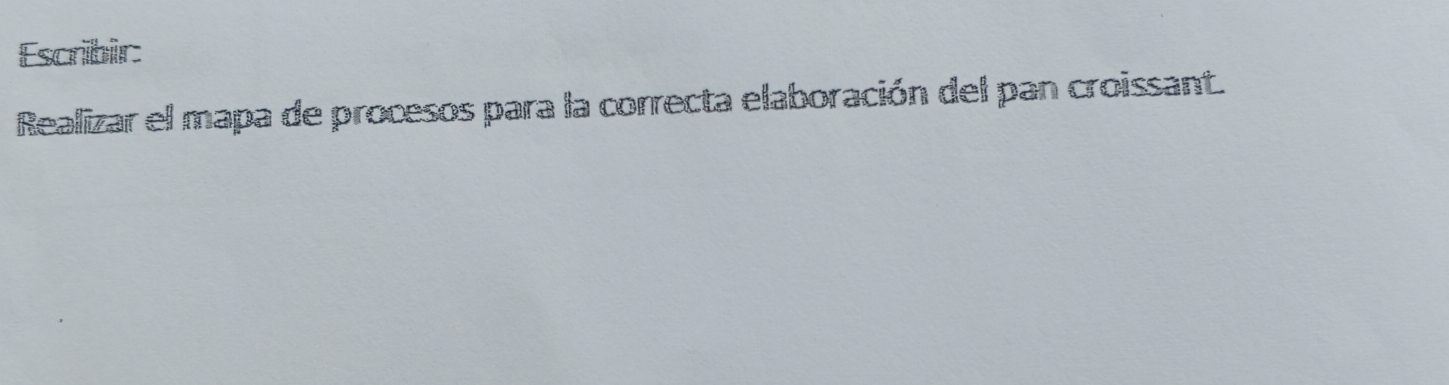 Escribir: 
Realizar el mapa de procesos para la correcta elaboración del pan croissant.