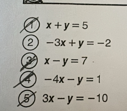 x+y=5
2 -3x+y=-2
3 x-y=7
4 -4x-y=1
5 3x-y=-10