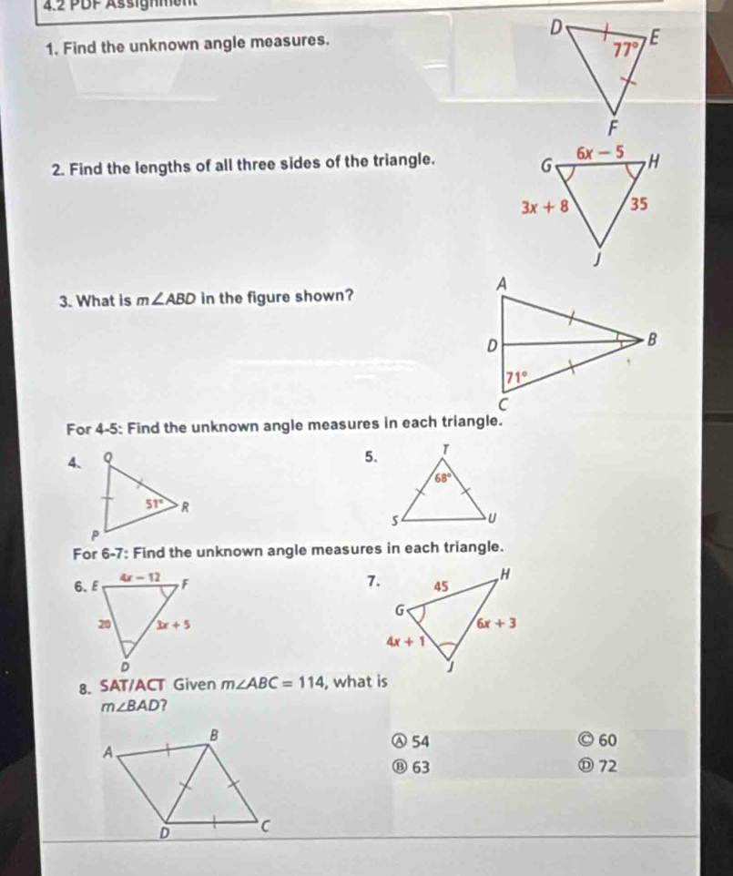Solved: 4.2 PDF Ässignmen 1. Find the unknown angle measures. 2. Find ...