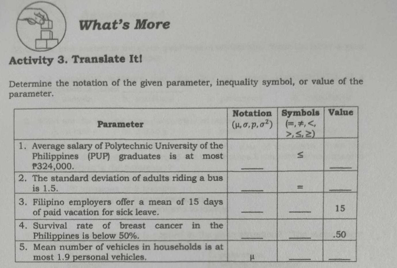 What’s More
Activity 3. Translate It!
Determine the notation of the given parameter, inequality symbol, or value of the
parameter.
_