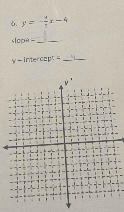 y=- 3/2 x-4
slope =_
y - intercept =_