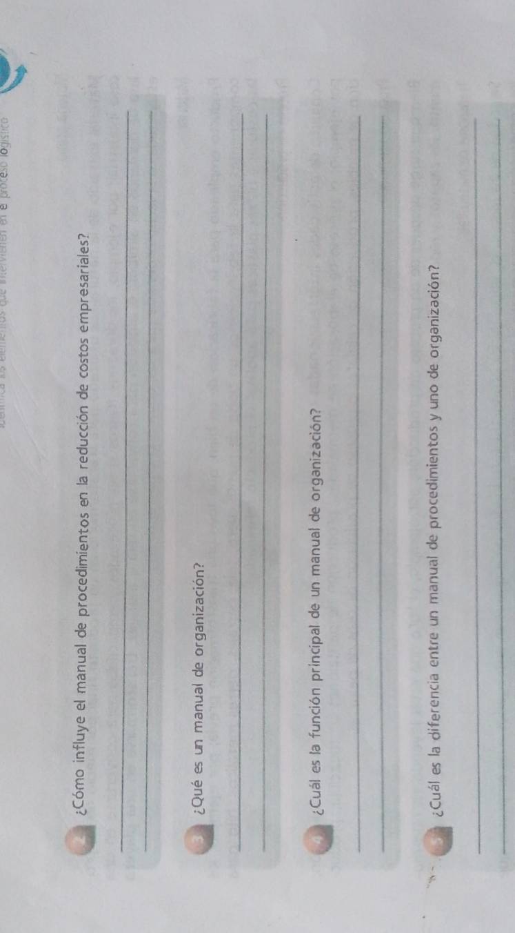 mentos que intervienen en e proceso logístico 
¿Cómo influye el manual de procedimientos en la reducción de costos empresariales? 
_ 
_ 
¿Qué es un manual de organización? 
_ 
_ 
¿Cuál es la función principal de un manual de organización? 
_ 
_ 
5 ¿Cuál es la diferencia entre un manual de procedimientos y uno de organización? 
_ 
_