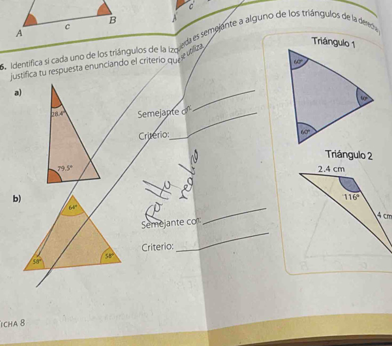 c'
A
C
A
B 
. Identifica si cada uno de los triángulos de la izqjada es semejánte a alguno de los triángulos de la derechay
justifica tu respuesta enunciando el criterio quese utiliza
a)
28.4° Semejante o
_
Criterio:
Triángulo 2
79.5°
Semejante con:
_
Criterio:
_
ịcha 8