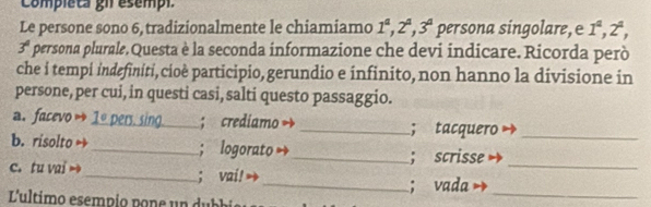 Completa gi esempi. 
Le persone sono 6, tradizionalmente le chiamiamo 1^a, 2^a, 3^a persona singolare, e 1^a, 2^a,
3^4 persona plurale. Questa è la seconda informazione che devi indicare. Ricorda però 
che i tempi indefiniti, cioè participio, gerundio e infinito, non hanno la divisione in 
persone, per cui, in questi casi, salti questo passaggio. 
a. facevo→_ _; crediamo _; tacquero_ 
_ 
b. risolto _; logorato_ 
; scrisse 
c. tu vai _; vai! 
_; vada 
L'ultimo esempío pone un dubbi 
_