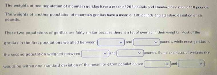 The weights of one population of mountain gorillas have a mean of 203 pounds and standard deviation of 18 pounds. 
The weights of another population of mountain gorillas have a mean of 180 pounds and standard deviation of 25
pounds. 
These two populations of gorillas are fairly similar because there is a lot of overlap in their weights. Most of the 
gorillas in the first populations weighed between and pounds, while most gorillas in 
the second population weighed between and pounds. Some examples of weights that 
would be within one standard deviation of the mean for either population are and