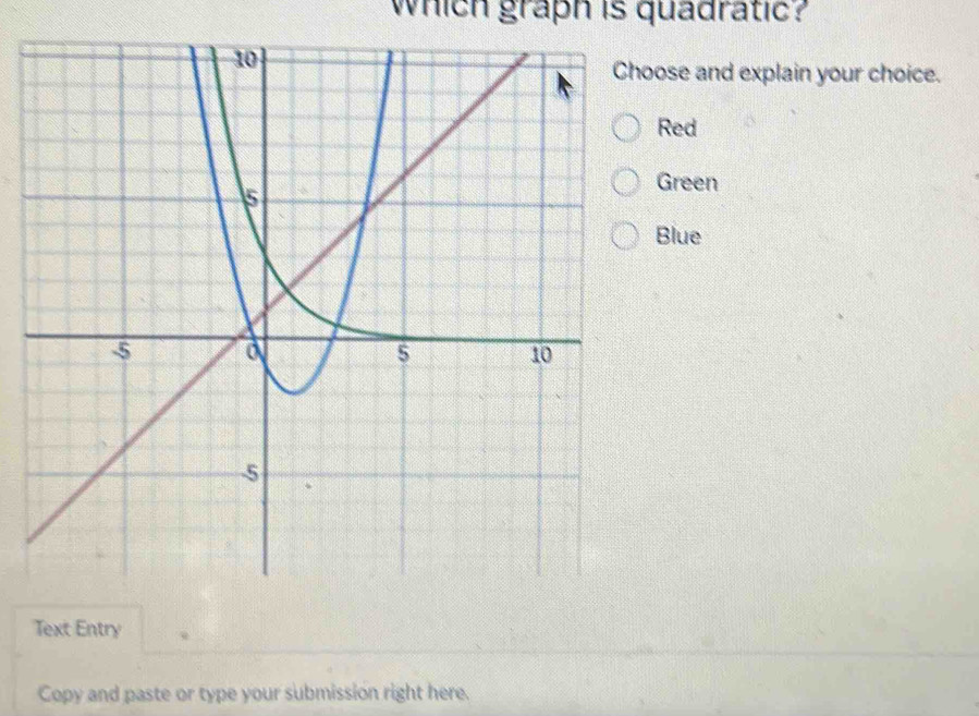 which graph is quadratic?
ose and explain your choice.
Red
Green
Blue
Text Entry
Copy and paste or type your submission right here.