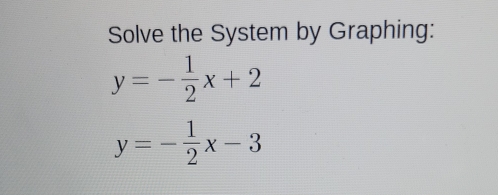 Solve the System by Graphing:
y=- 1/2 x+2
y=- 1/2 x-3