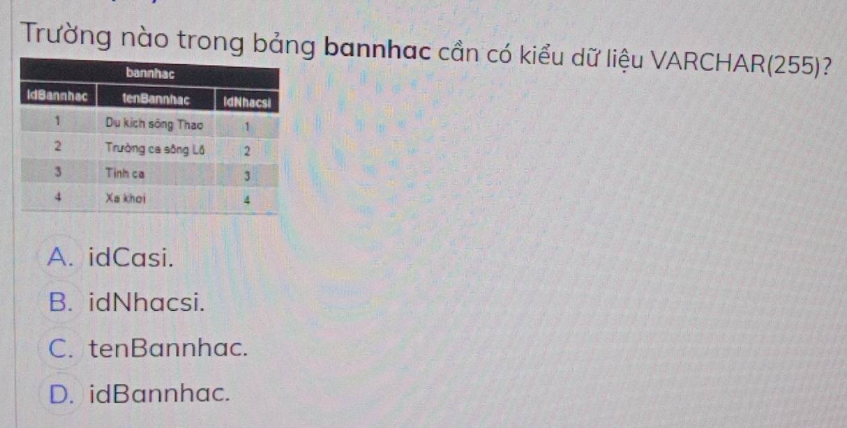 Trường nào trong bảng bannhạc cần có kiểu dữ liệu VARCHAR(255)?
A. idCasi.
B. idNhacsi.
C. tenBannhac.
D. idBannhac.